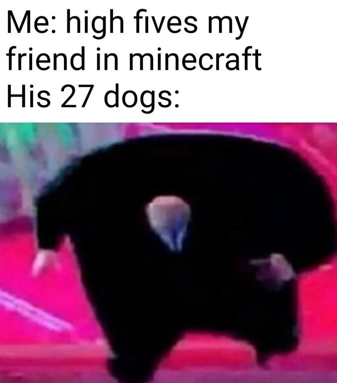 Running Kingpin meme about a friend's 27 Minecraft dogs reacting to a high five