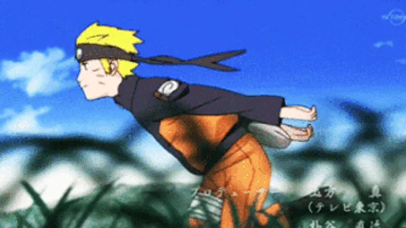 Running Naruto — The definitive Naruto running pose captured against scenic landscape backdrop showing character in full stride with arms tucked behind back.