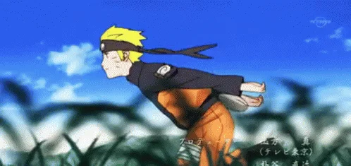 Running Naruto — A pristine screenshot from the anime showing Naruto in signature running stance with arms behind back against blue sky background.