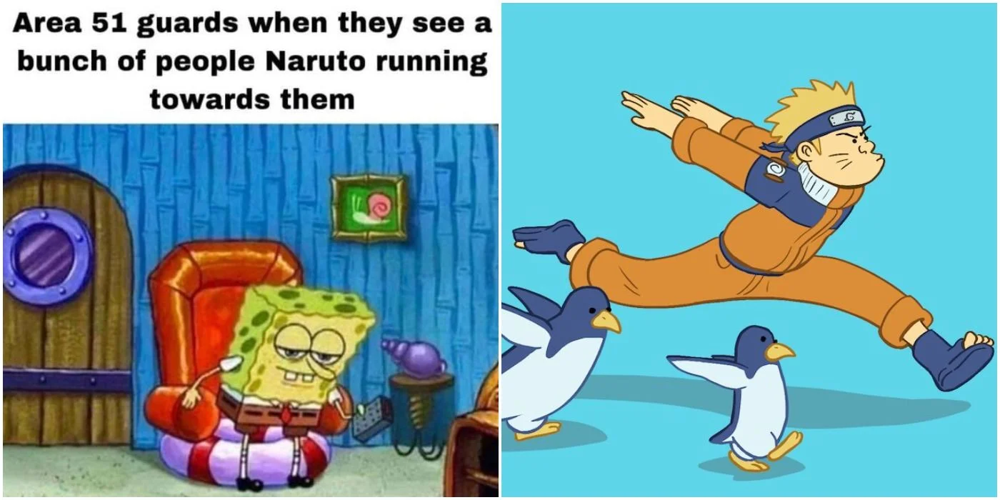 Running Naruto — A two-panel meme combining SpongeBob SquarePants with Naruto running, depicting Area 51 guards encountering Naruto runners approaching the