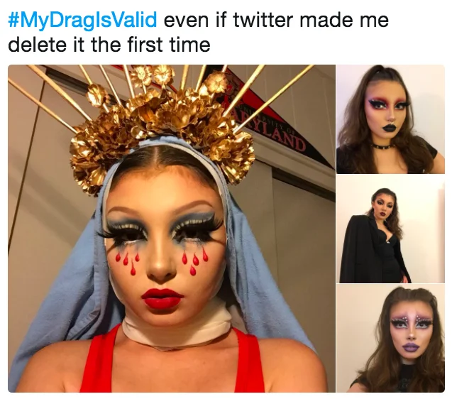 RuPaul's Drag Race — Twitter post with #MyDragIsValid hashtag showing drag looks by a performer.