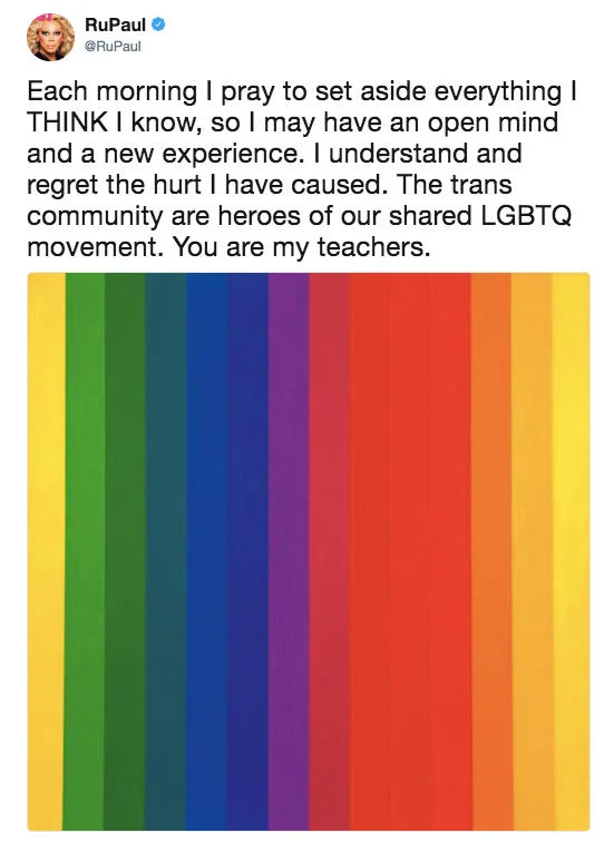 RuPaul's Drag Race — RuPaul tweet apologizing to the trans community with rainbow pride flag image.