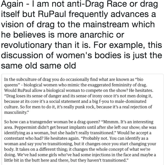 RuPaul's Drag Race — Text post criticizing RuPaul's comments about trans and cisgender women competing on Drag Race.