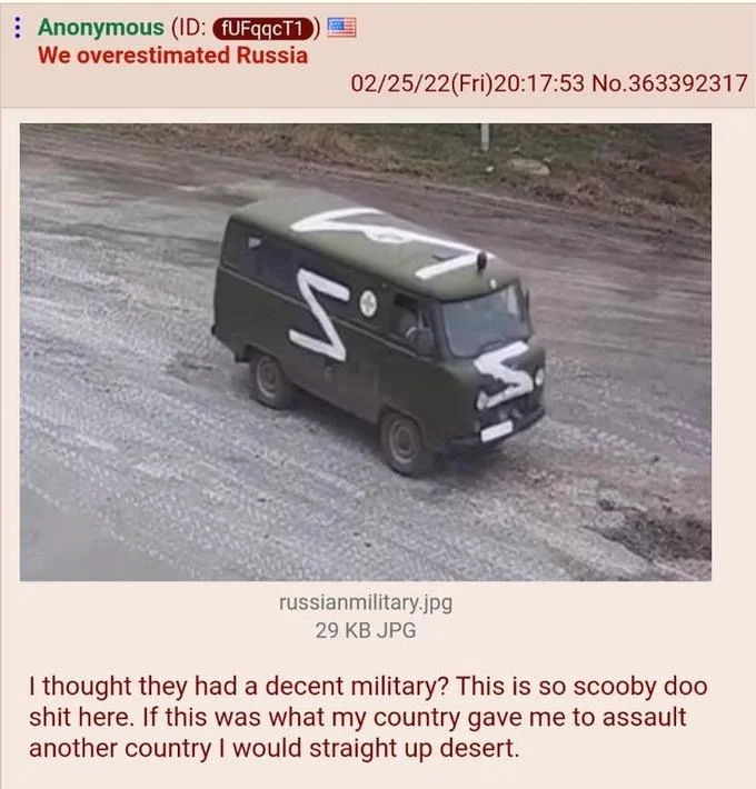 Russian Z Military Symbol — 4chan post with Z-marked Russian van and caption mocking Russian military