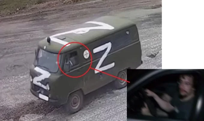 Russian Z Military Symbol — Z-marked Russian van with driver circled and zoomed inset
