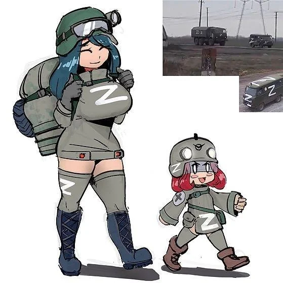 Russian Z Military Symbol — Anime Z-tan girls in Z-marked military uniforms with Russian vehicle insets