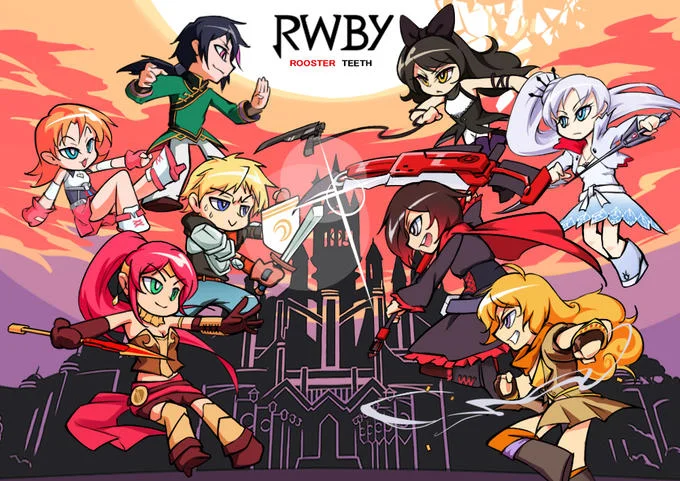 Chibi RWBY promotional art with Team RWBY and JNPR characters and Rooster Teeth logo