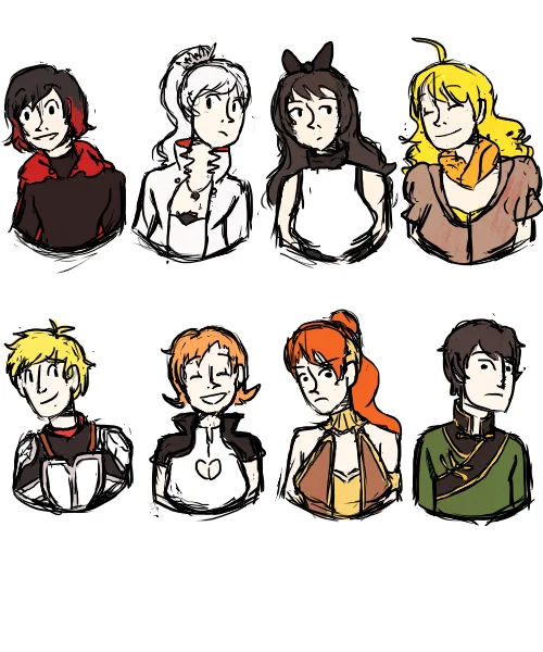 Sketch portraits of eight RWBY and JNPR characters in two rows