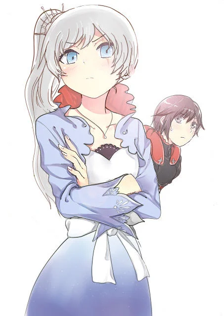 RWBY — Fanart of Weiss Schnee with arms crossed and Ruby Rose peeking behind her