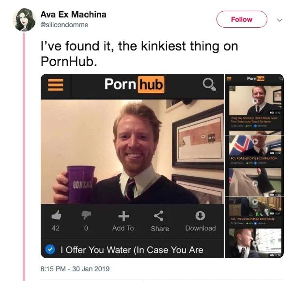 Ryan Creamer's Pornhub Channel — Tweet by Ava Ex Machina joking about Ryan Creamer's wholesome Pornhub video being the kinkiest content
