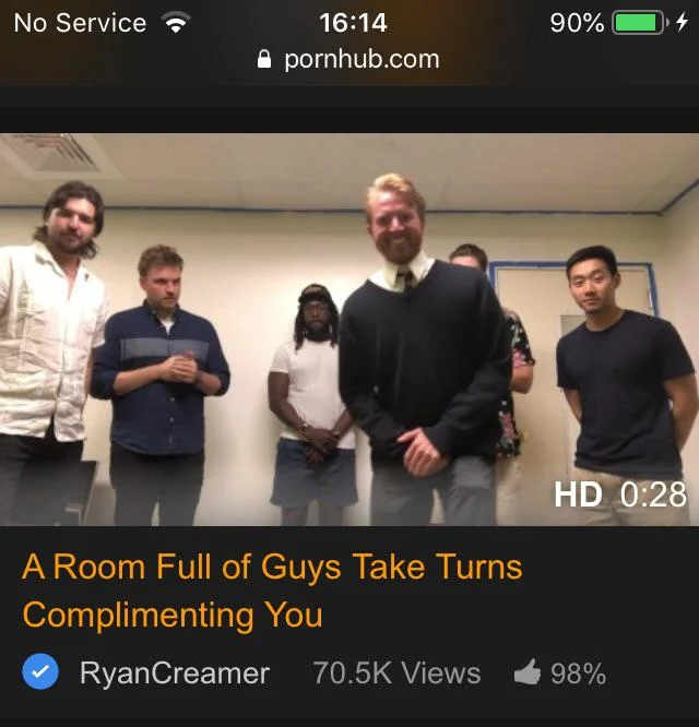 Ryan Creamer's Pornhub Channel — Pornhub mobile view of Ryan Creamer's video with a room full of men complimenting the viewer