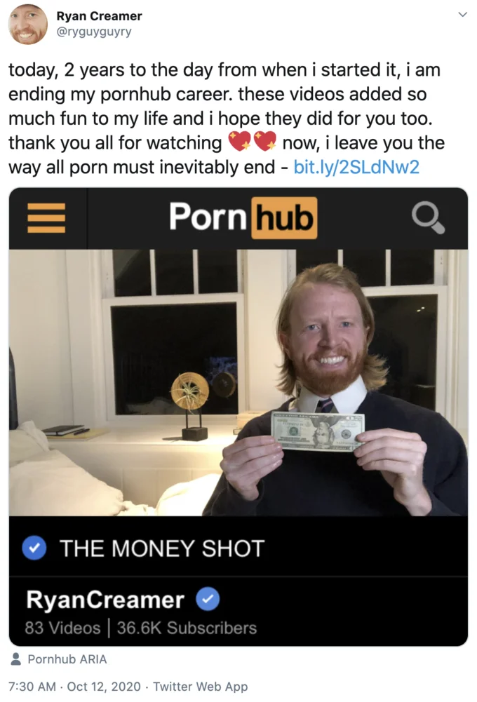 Ryan Creamer's Pornhub Channel — Ryan Creamer's farewell tweet announcing the end of his Pornhub channel with a final 'Money Shot' video