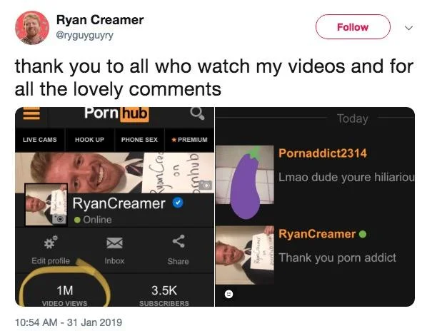 Ryan Creamer's Pornhub Channel — Tweet from Ryan Creamer thanking fans and showing his Pornhub profile stats and a fan message