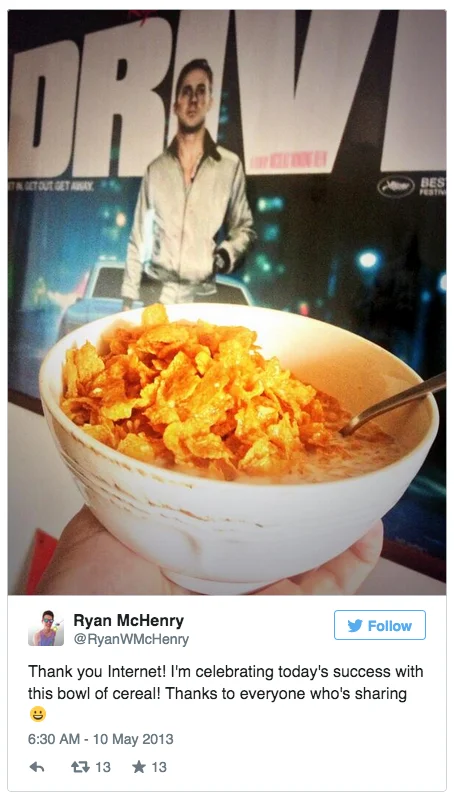 Ryan Gosling Won't Eat His Cereal — Bowl of cornflakes held in front of a Drive movie poster in Ryan McHenry tweet