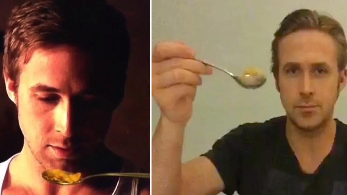 Ryan Gosling Won't Eat His Cereal — Two side-by-side images of Ryan Gosling with a spoon of cereal held near his face
