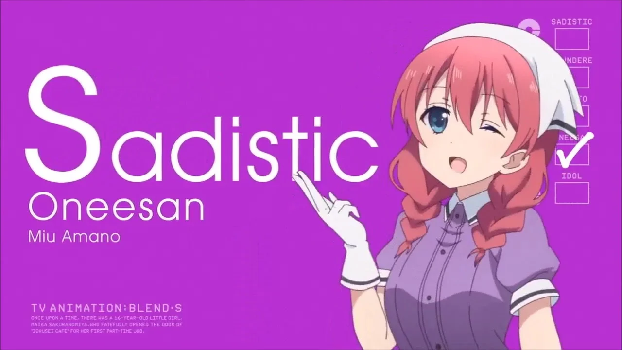 "S" Stands For? — Blend S character card of Miu Amano labeled 'Sadistic Oneesan' on a purple background.