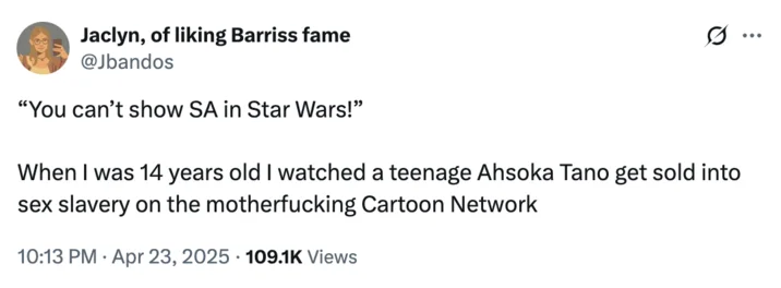 Sa In Star Wars Feels Unnecessary Debate — Social media post noting historical precedent from other shows regarding content standards mentioning Cartoon