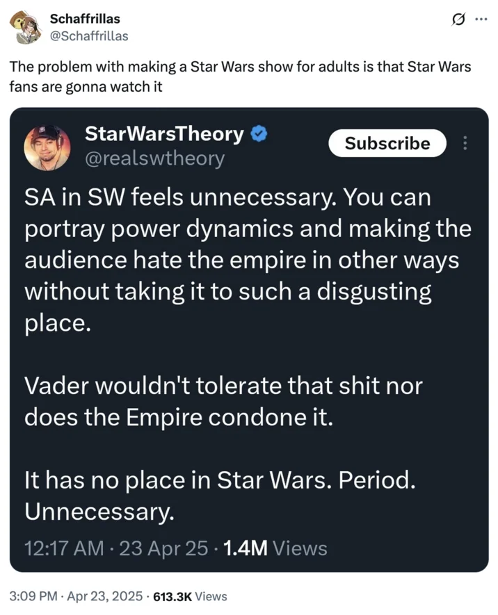Sa In Star Wars Feels Unnecessary Debate — Repost of primary StarWarsTheory tweet displayed on dark navy background making text the central focus with full