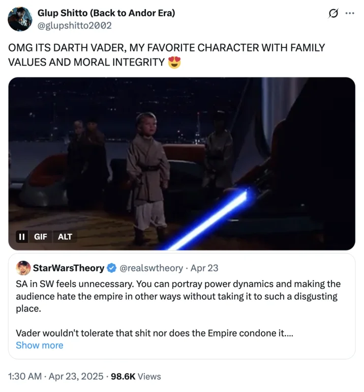 Sa In Star Wars Feels Unnecessary Debate — Social media post featuring scene from Star Wars Episode III arguing franchise can handle mature themes without