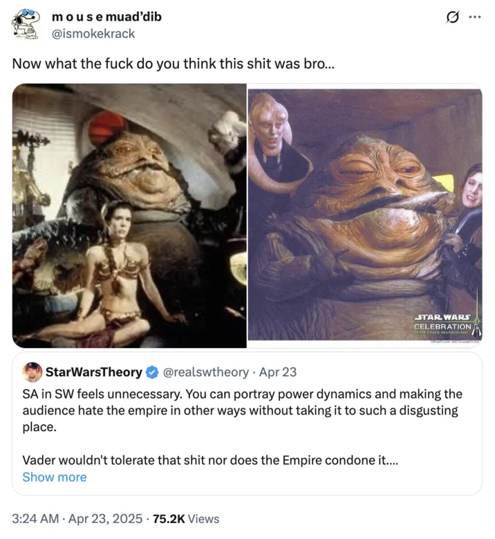 Sa In Star Wars Feels Unnecessary Debate — Twitter thread screenshot featuring Jabba the Hutt and Star Wars imagery showing users citing historical precedent