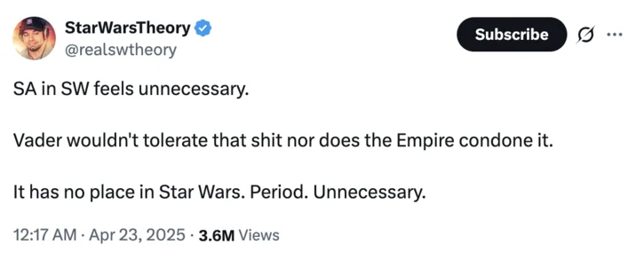 Sa In Star Wars Feels Unnecessary Debate — Twitter screenshot of @StarWarsTheory original tweet stating sexual assault depiction has no place in Star Wars with