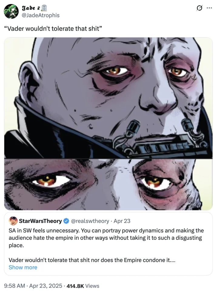 Sa In Star Wars Feels Unnecessary Debate — Twitter screenshot displaying close-up Vader face images in response to arguments about his canonical character and