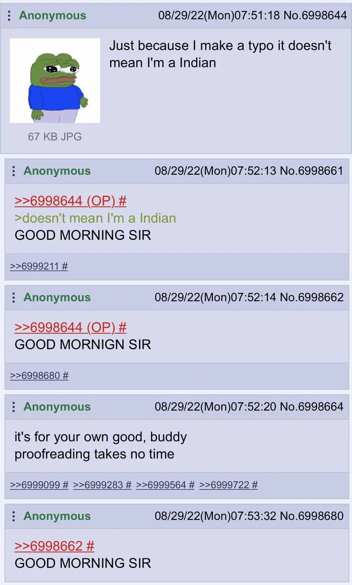 Saar — 4chan thread with replies spamming 'GOOD MORNING SIR' at a user who made a typo
