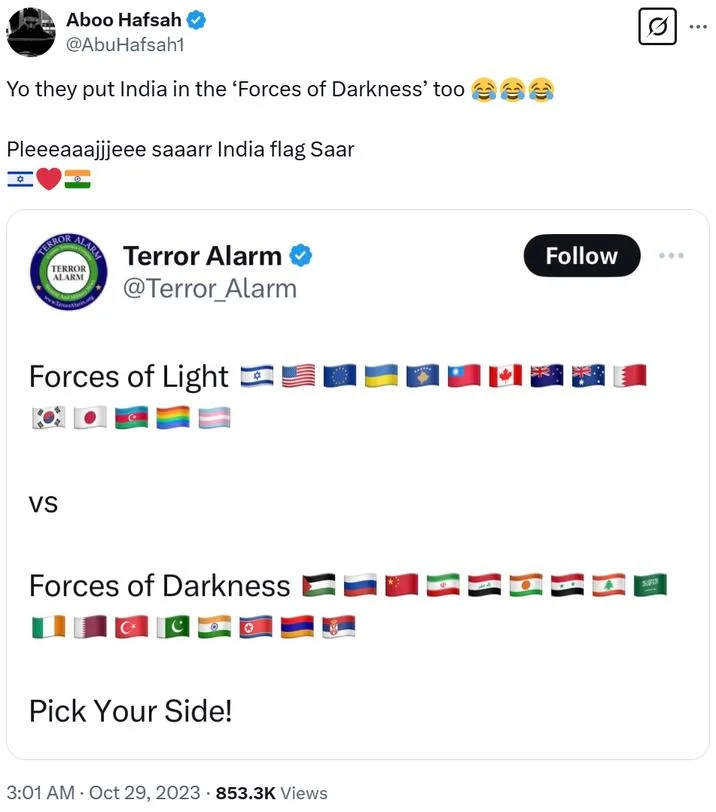 Tweet reacting to a 'Forces of Light vs Darkness' post with 'saaar India flag Saar'
