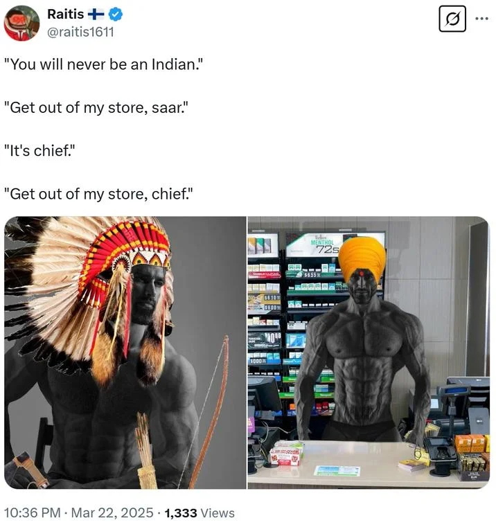 Tweet joking about Indian vs Native American 'chief' with saar gigachad images
