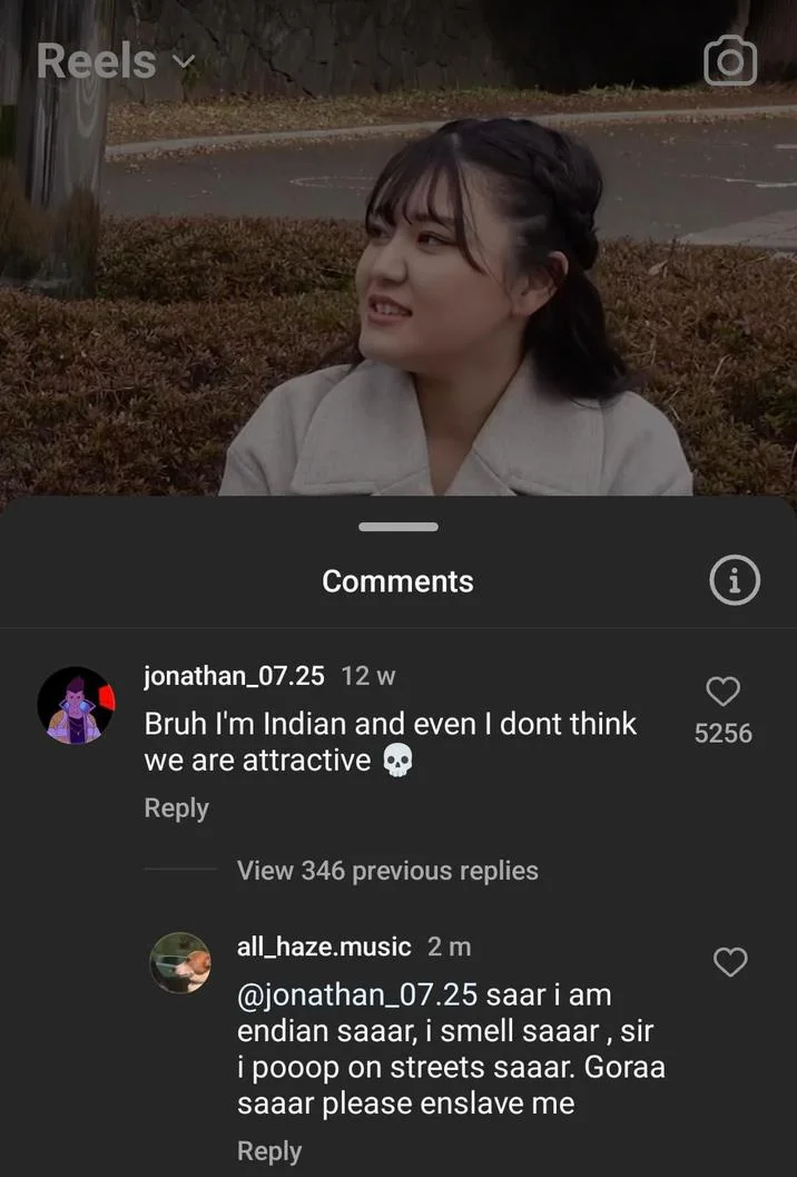 Instagram Reels comments with exaggerated 'saar' spam reply