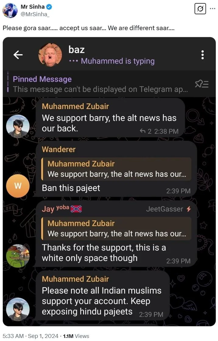 Tweet mocking 'Please gora saar accept us saar' with Telegram chat screenshot