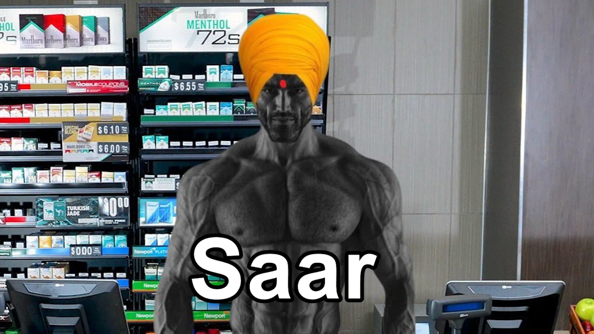 Muscular turbaned figure behind a convenience store cigarette counter with the caption 'Saar'