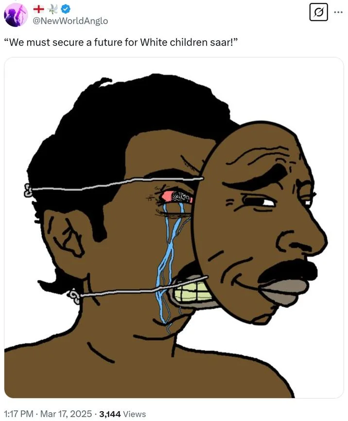 Tweet with wojak wearing a white mask, caption references 'saar' speech