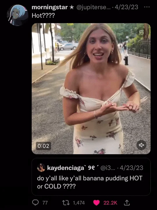 Sabrina Brier Saying Oh Blonde Woman In Sundress Saying Oh — Twitter exchange about banana pudding temperature featuring the Sabrina Brier 'oh' reaction GIF