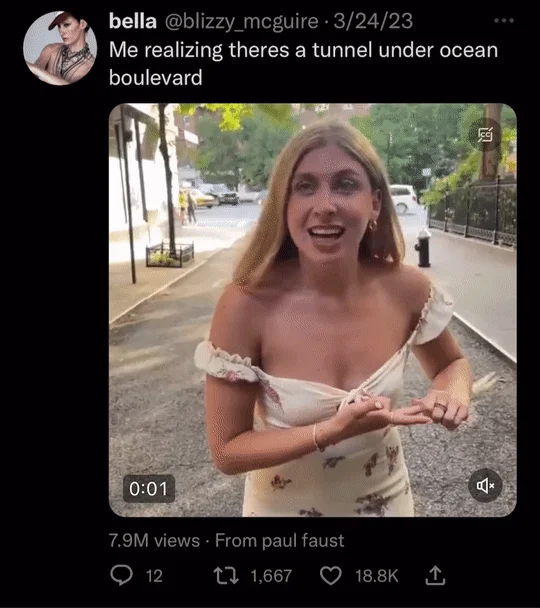 Sabrina Brier Saying Oh Blonde Woman In Sundress Saying Oh — Twitter post by @blizzy_mcguire referencing Lana Del Rey with the Sabrina Brier 'oh' reaction GIF