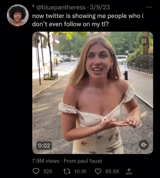 Sabrina Brier Saying Oh Blonde Woman In Sundress Saying Oh — Twitter post by @bluepantheress about seeing unfollowed users, using the Sabrina Brier 'oh'