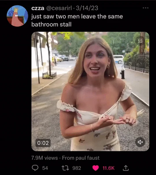 Sabrina Brier Saying Oh Blonde Woman In Sundress Saying Oh — Twitter post by @cesarirl about seeing two men leave a bathroom stall, using the Sabrina Brier