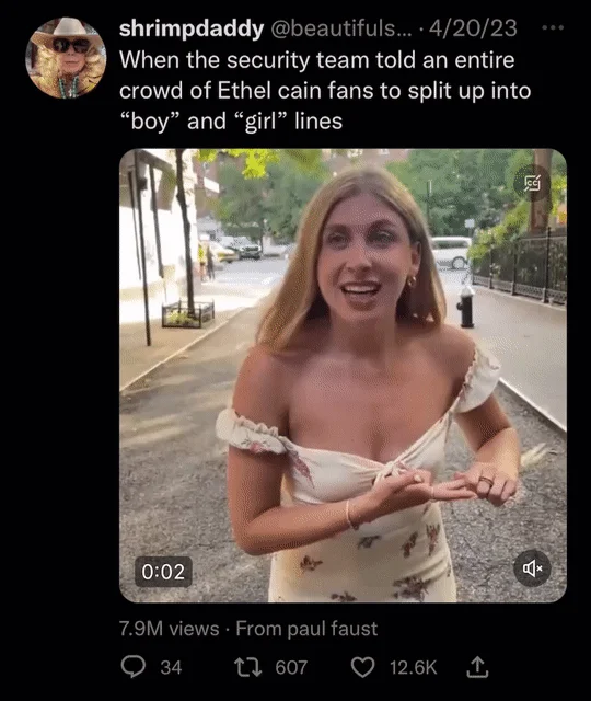 Sabrina Brier Saying Oh Blonde Woman In Sundress Saying Oh — Twitter post by shrimpdaddy about Ethel Cain fans being split by gender, using the Sabrina Brier