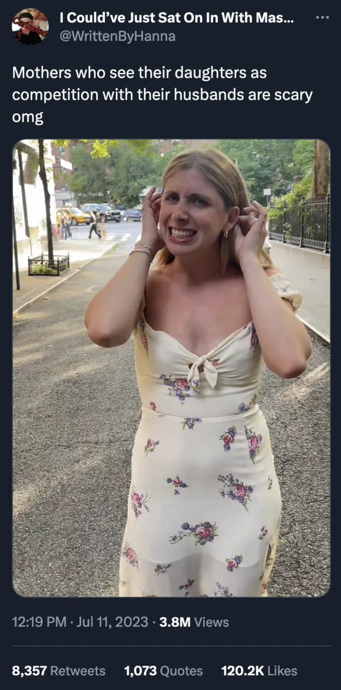 Sabrina Brier Saying Oh Blonde Woman In Sundress Saying Oh — Twitter post by @WrittenByHanna about competitive mothers, showing a still of Sabrina Brier with