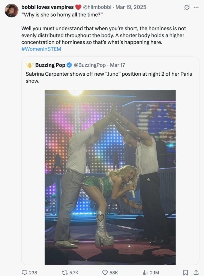 Sabrina Carpenter Eiffel Tower Pose — A Twitter or X screenshot from March 2025 discussing body type representation in performance with original Eiffel Tower
