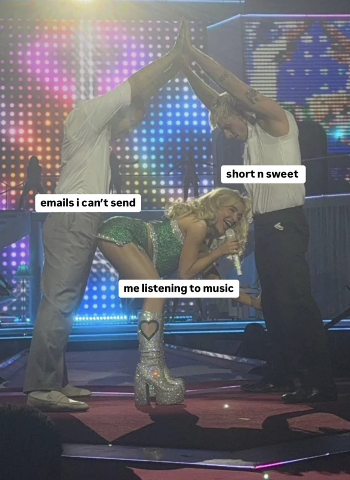 Sabrina Carpenter Eiffel Tower Pose — An exploitable meme using Eiffel Tower pose image with white text labels: 'emails i can't send' left, 'short n sweet'