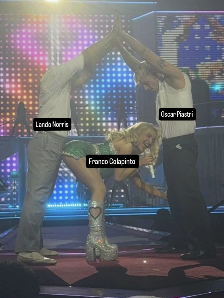 Sabrina Carpenter Eiffel Tower Pose — An exploitable meme using Eiffel Tower pose with white text labels: 'Lando Norris' left, 'Oscar Piastri' right, 'Franco