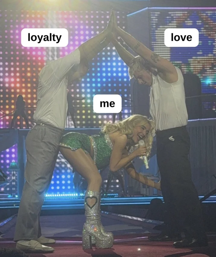 Sabrina Carpenter Eiffel Tower Pose — An exploitable meme using Eiffel Tower pose with white text labels: 'loyalty' left, 'love' right, 'me' center.