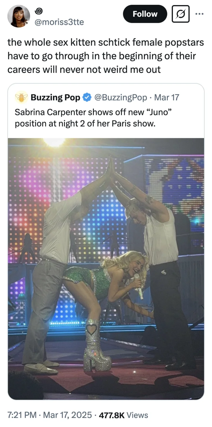 Sabrina Carpenter Eiffel Tower Pose — A Twitter or X screenshot showing multiple posts discussing Carpenter's controversial position with Buzzing Pop news