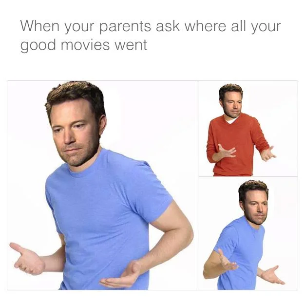 Sad Affleck head pasted onto shrugging stock photo model with self-deprecating caption