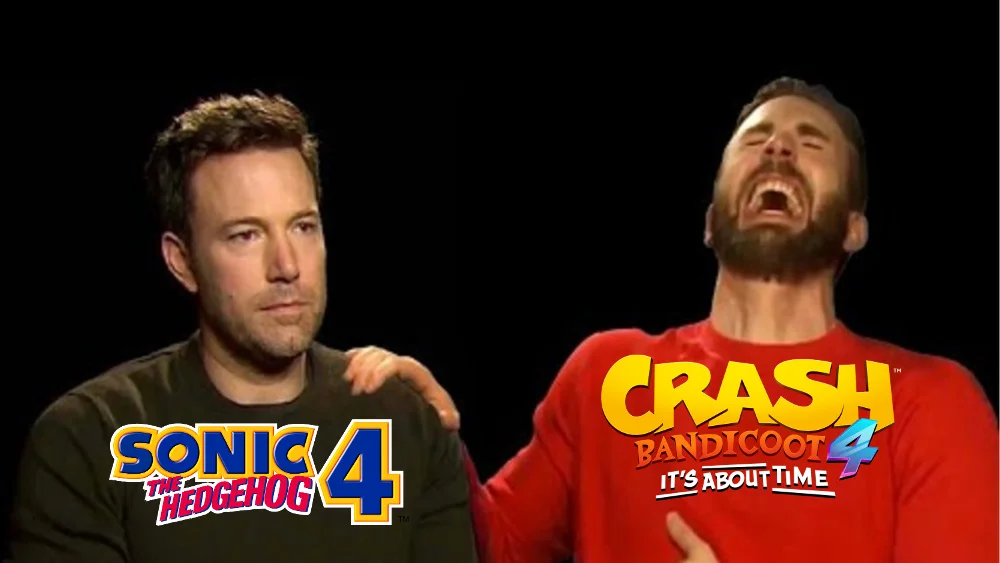 Sad Affleck with Sonic 4 logo next to laughing Chris Evans with Crash Bandicoot 4 logo