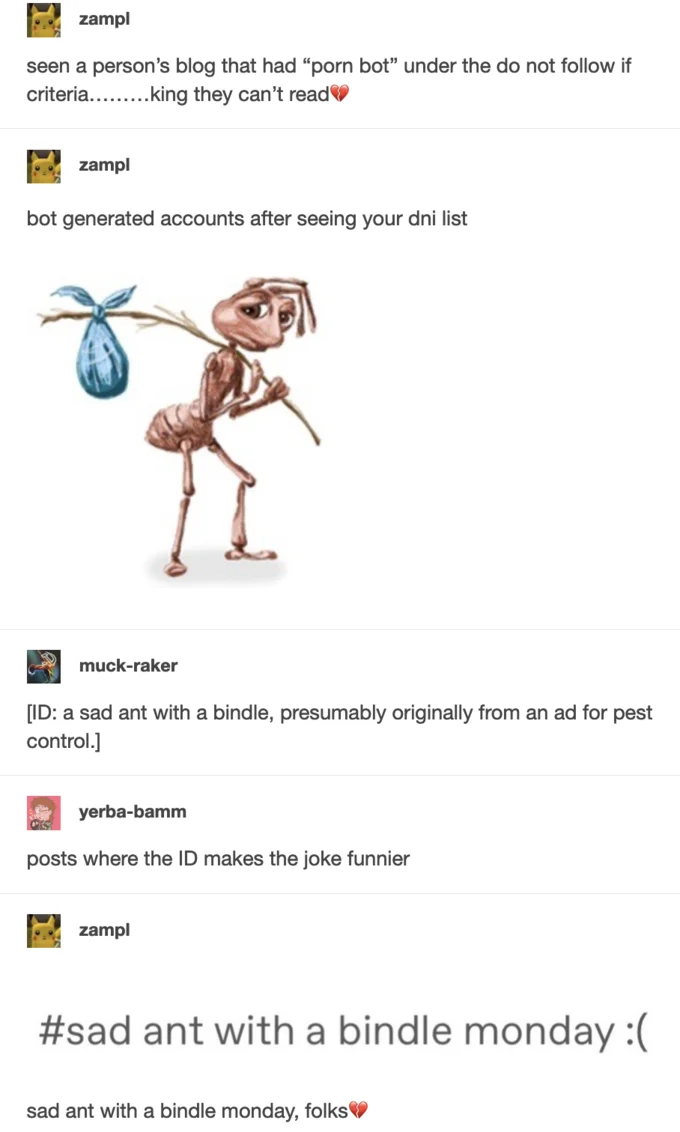 Sad Ant With Bindle Homeless Ant How It Feels To Ant — Tumblr thread with sad ant bindle image and 'sad ant with bindle monday' hashtag