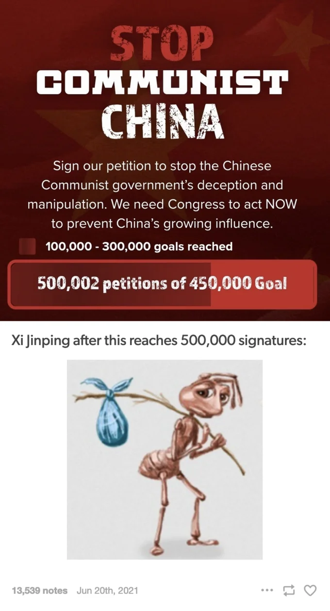 Sad Ant With Bindle Homeless Ant How It Feels To Ant — Tumblr meme comparing Xi Jinping to the sad ant with bindle after a petition