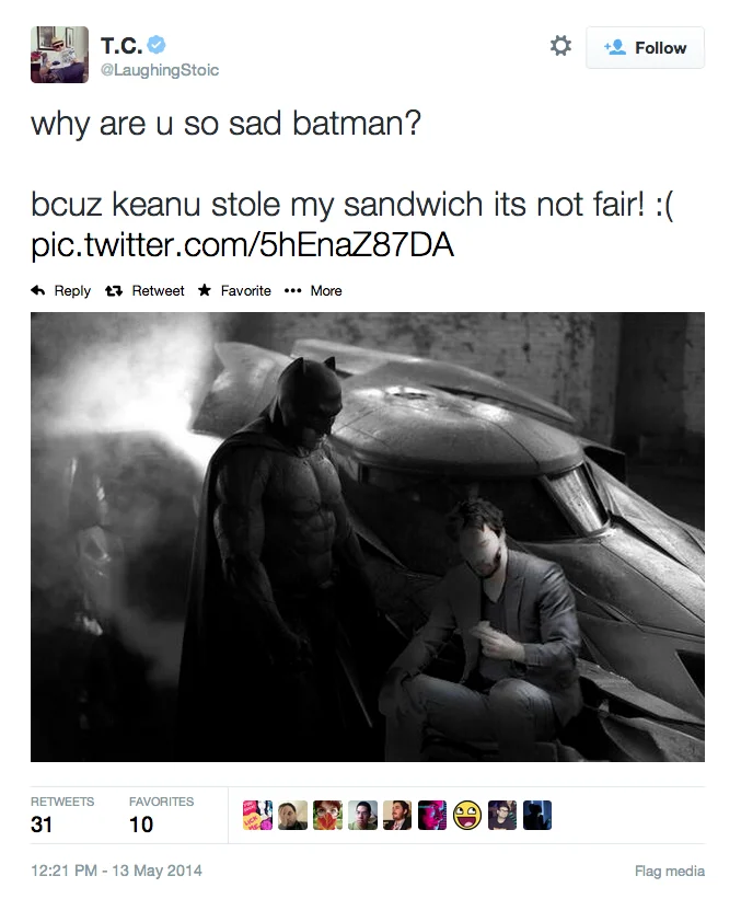 Sad Batman — Tweet showing Sad Keanu photoshopped next to Batman with joking dialogue about a stolen sandwich