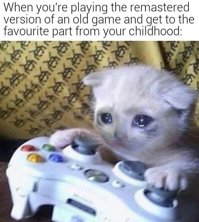 Sad Gaming Cat — Crying kitten on Xbox controller meme about nostalgia for a remastered childhood game.